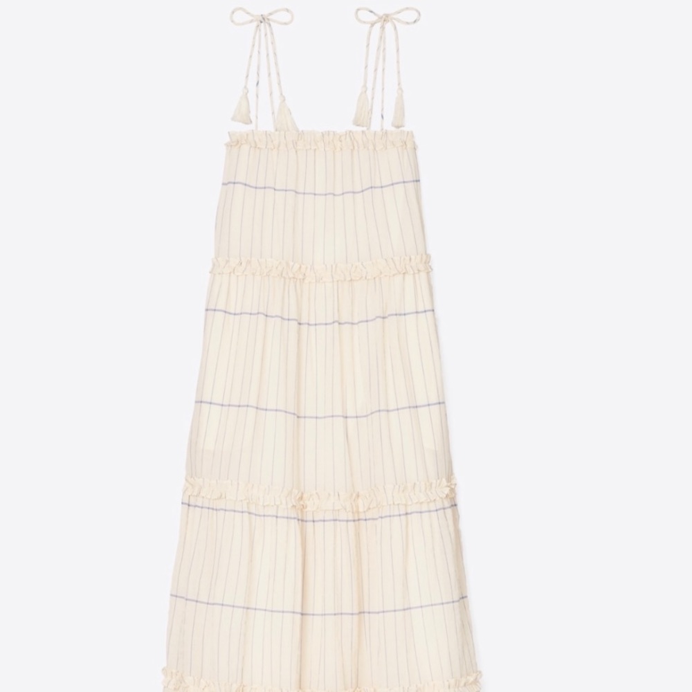 Tory Burch Long Ruffle Dress Ivory Duchess Blue Stripe XL